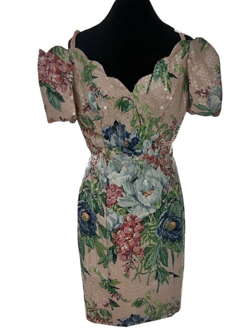 Expo Brand Vintage 1980s Floral Sequin Cotton Off Shoulder Dress Modern Size 0